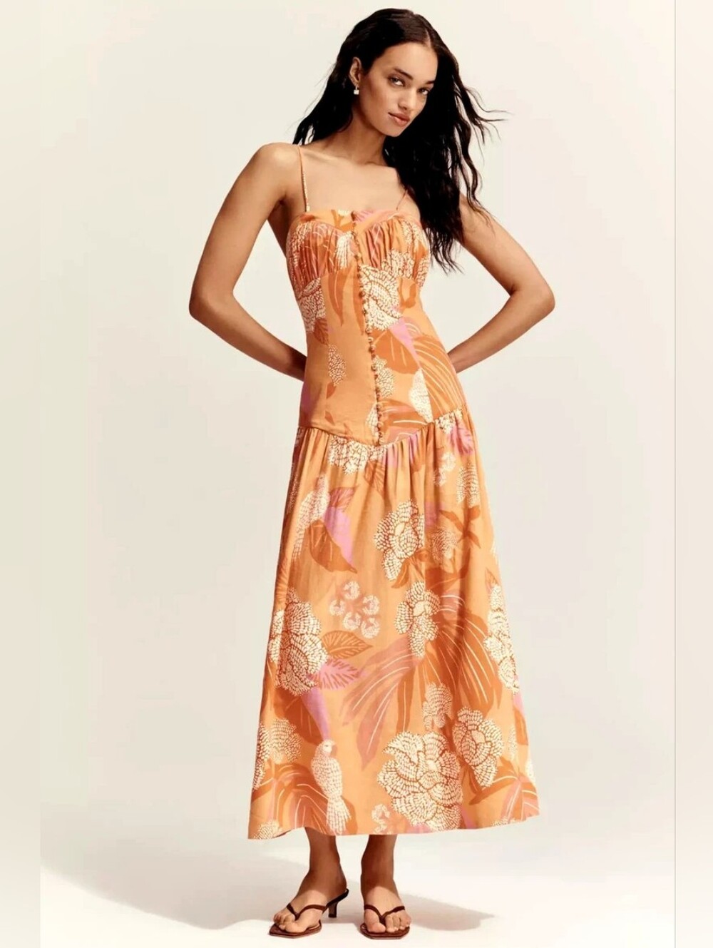 NWT Farm Rio x Anthropologie Linen Blend Floral Spaghetti-Strap Maxi Dress